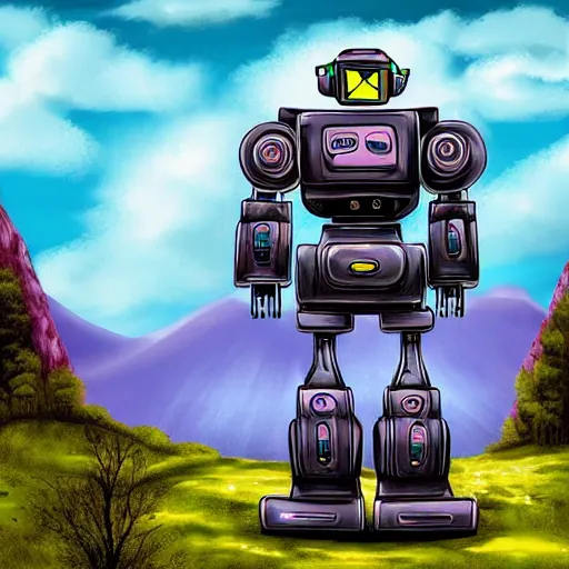 Prompt: a huge robot made out of germs stands in front of a mountain. digital art