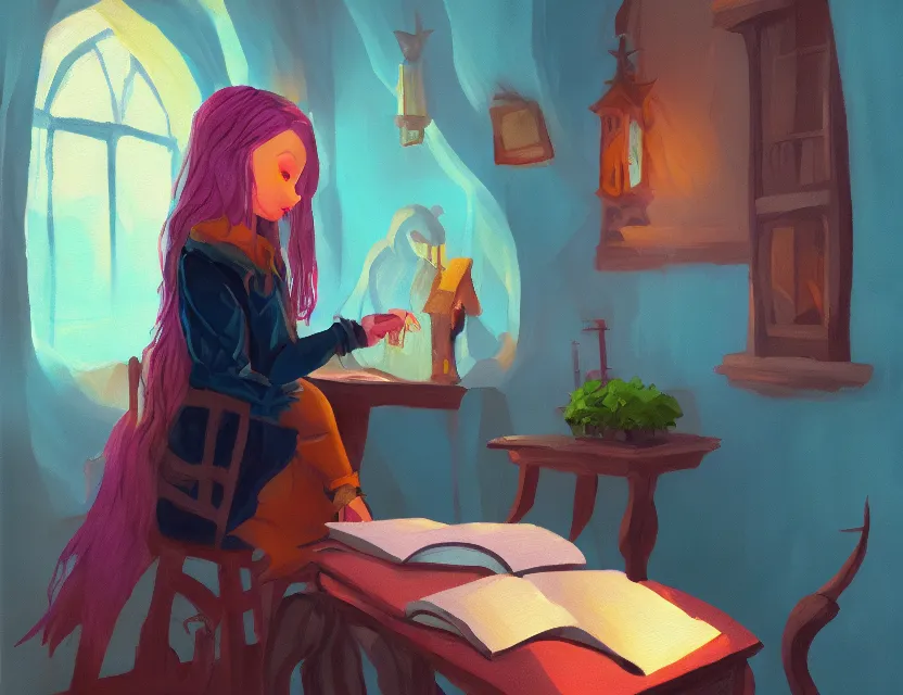 Image similar to anthro witch girl in a cozy study. complementary colors, oil painting, indie concept art, bloom, chiaroscuro, backlighting, intricate details.