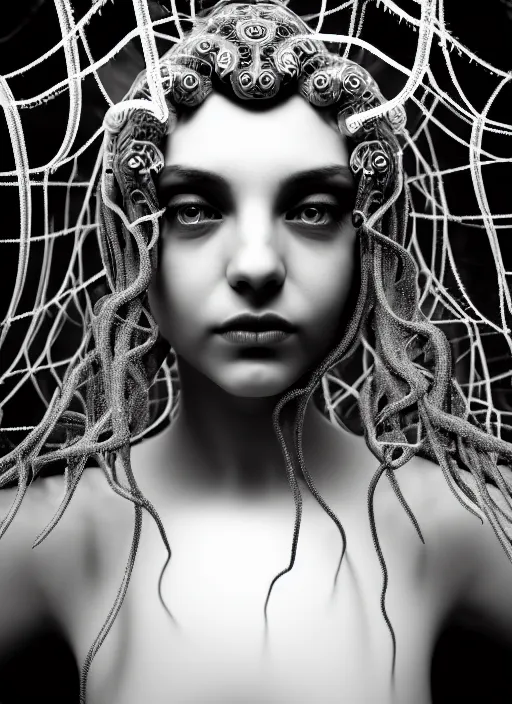 Image similar to surreal mythical dreamy dark artistic black and white fine art photo of a beautiful young female medusa - cyborg covered with translucent algae, highly detailed, intricate crystal ivy jelly fish scales ornate, lace web, poetic, octane render, 8 k, photo - realistic, by man ray