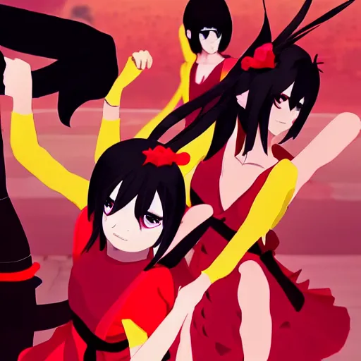 Image similar to Bakemonogatari characters dancing flamenco, anime style, incredible quality, trending on artstation