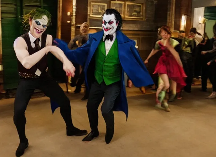 Image similar to Batman and Joker dance together