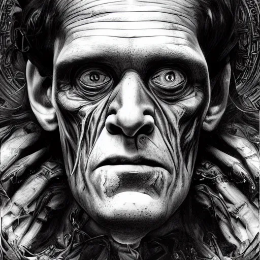 Image similar to An intricate detailed complex pencil drawing of frankenstein, dead eyes , contrast atmosphere, majestic, symmetrical face, artgerm, Dark mist, portrait, detailed monochrome, featured on artstation hd, detalied complex of monster illustration, character design art, border and embellishments dslr, hyperreal by Alphonse Mucha