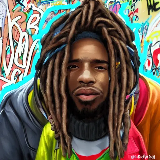 Prompt: a man with dreads and a hoodie freestyle rapping on a crowded subway covered in graffiti, trending on artstation, digital art