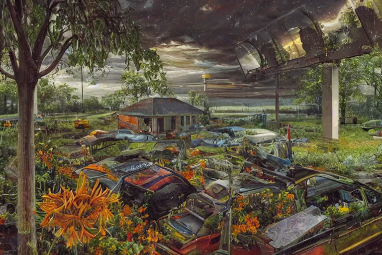 Image similar to hyperrealism, scene from church, thunderstorm, starship, junkyard, louisiana swamps, orange blooming flowers garden, 8 k, 8 0 s japanese sci - fi books art