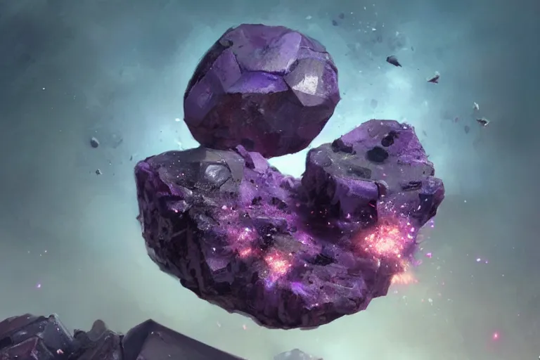 Prompt: close-up of three tiny magical purple stones, fragmented, debris floating in mid air, stones connected by magical energy, white background, concept art in style of Greg Rutkowski, painted by Frank Frazetta, trending on artstation