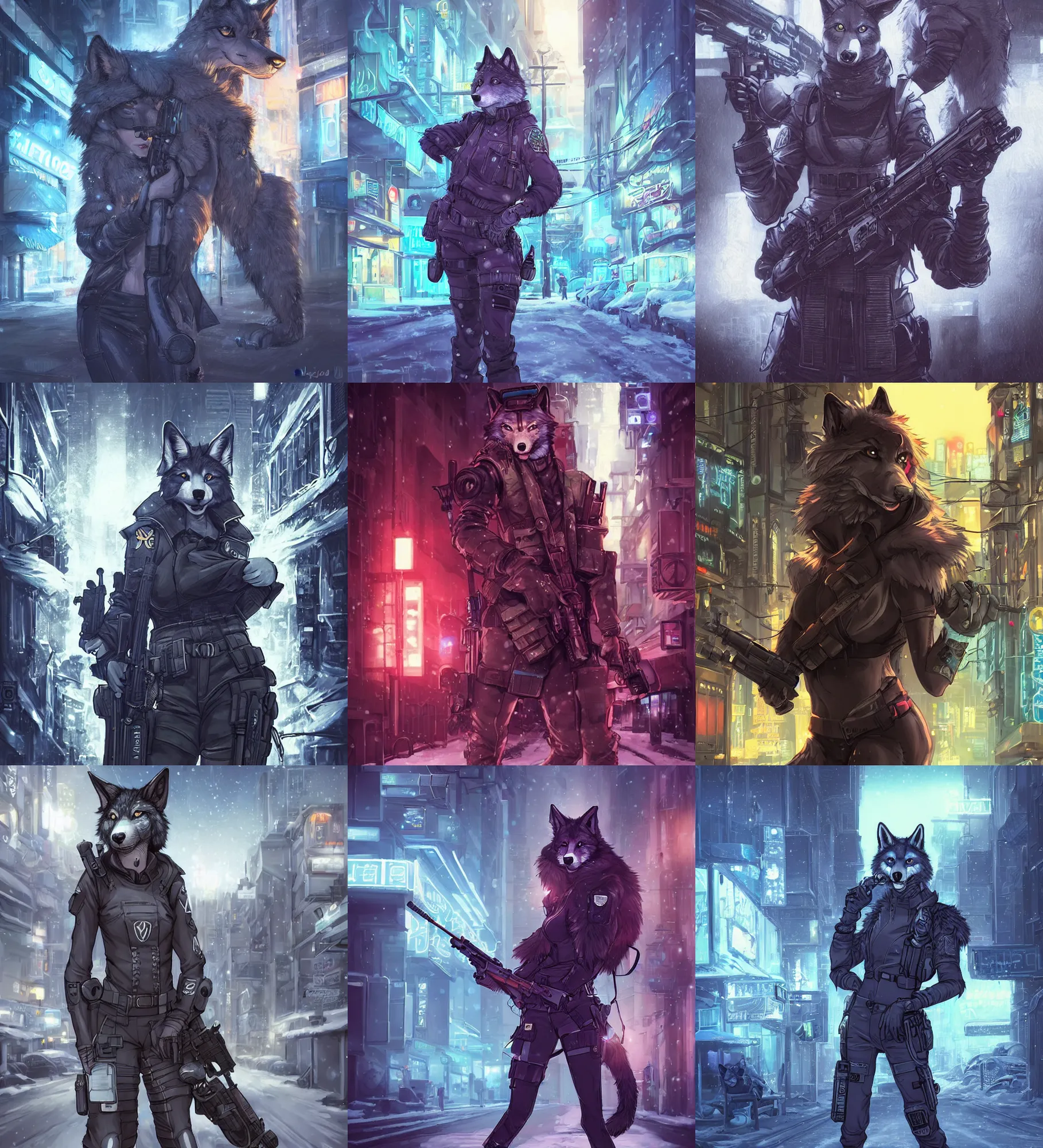 Image similar to beautiful furry art portrait commission of a female furry anthro wolf fursona both wearing a tactical swat uniform in the streets of a cyberpunk city at night in the snow. neon signs. character design by charlie bowater, ross tran, artgerm, and makoto shinkai, detailed, inked, western comic book art