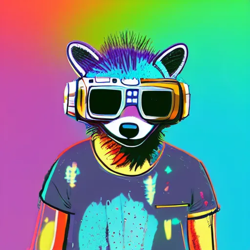 Image similar to illustration of cyberpunk raccoon in vr helmet, colorful splatters, by andy warhol and by zac retz and by kezie demessance