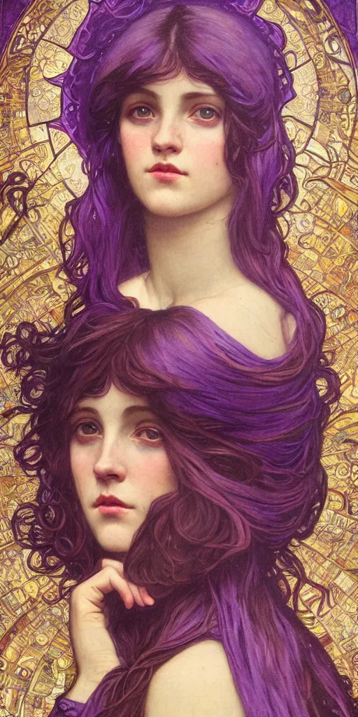 Image similar to purple, character portrait of purple energy, by waterhouse, by mucha, lean face, symmetrical face, face symmetry, cinematic lighting, beautiful, elegant, oil painting, cinematic, portrait, raphaelite, trending on artstation, intricate background