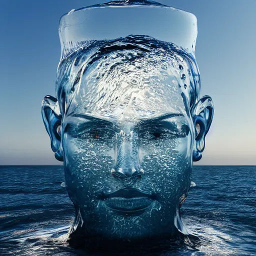 Image similar to a giant water sculpture of a human head on the ocean water, cinematic, in the style of chad knight, long shot, hyper detailed, hyper realistic, ray tracing, 8 k resolution, sharp focus, realistic water, award winning