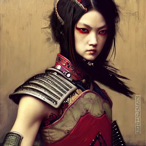 Prompt: portrait of a fighting female samurai warrior, goth punk, vibrant colors, surreal, a french baroque by by alexander mcqueen, art by greg rutkowski by john william waterhouse, oil on canvas, octane render