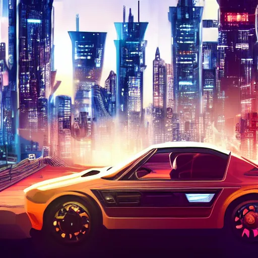 Prompt: The car is driving, with a gorgeous city in the background, cyberpunk, lots of detail