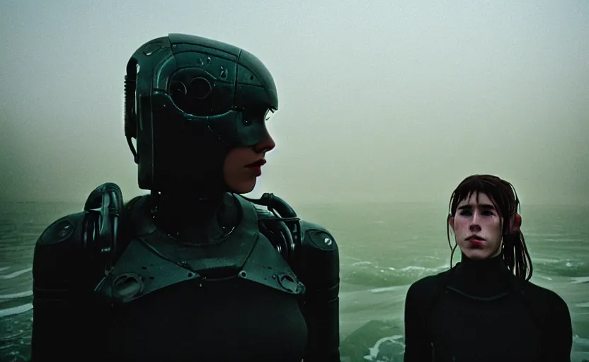 Image similar to cinestill 5 0 d candid photographic portrait by helen levitt of two loving female androids wearing rugged black mesh techwear in treacherous waters, extreme closeup, modern cyberpunk moody emotional cinematic, dust storm, 8 k, hd, high resolution, 3 5 mm, f / 3 2, ultra realistic faces, ex machina