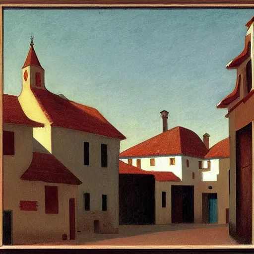 Image similar to A Spanish village. By Carl Gustav Carus, Edward Hopper. Symetrical, logo, geometric shapes.