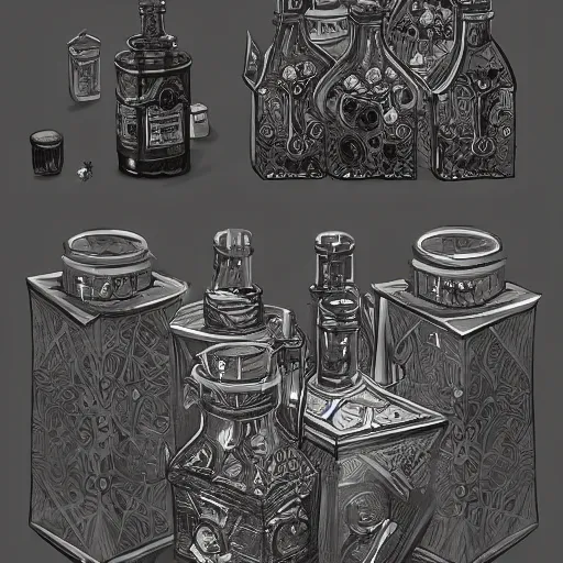 Image similar to concept art; video game potions; intricate elegant bottles; trending on artstation; rpg; octane