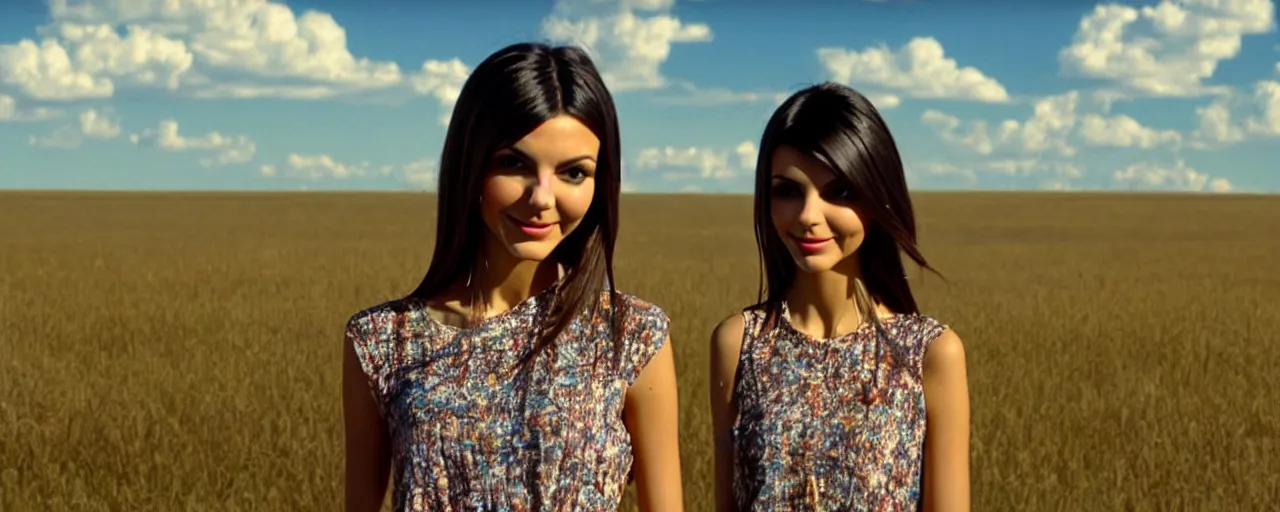 Image similar to film still of victoria justice, kansas landscape and sky, intricate, beautiful, serene, majestic, detailed, ultra, mega, super, visable sounds waves