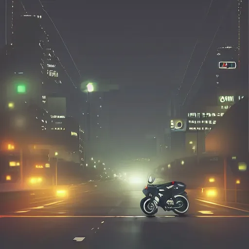 Prompt: dark and grey moody foggy extremely detailed and complex poster for playstation one pixelated polygon night time motorcycle video game, night time, motorcycle, fog, mist, buildings, city, traffic signs, barriers