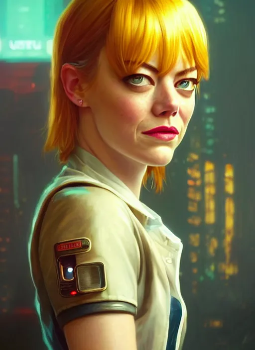 Image similar to portrait of Emma Stone as a waitress character in Cyberpunk 2077, looking at camera, intricate, elegant, sci-fi, extremely detailed, digital painting, artstation, concept art, smooth, sharp focus, illustration, ambient lighting, incredible art by artgerm and greg rutkowski and alphonse mucha and simon stalenhag