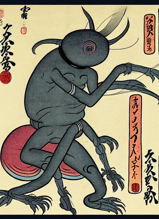 Image similar to a roswell grey alien as a yokai illustrated by kawanabe kyosai and toriyama sekien