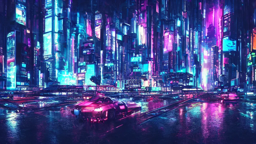 Prompt: Cyberpunk city with neon lights, landscape, raining, reflections, digital art, photorealistic, 4k,