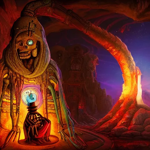 Prompt: photo, an ancient african adventurer in flowing colorful robes exploring an ancient alien temple with a glowing futuristic lantern, skeleton wearing a brown jacket and hat, ancient alien carvings, beam of moonlight through a hole in the overgrown ceiling, giant massive stone statue of a sitting alien king