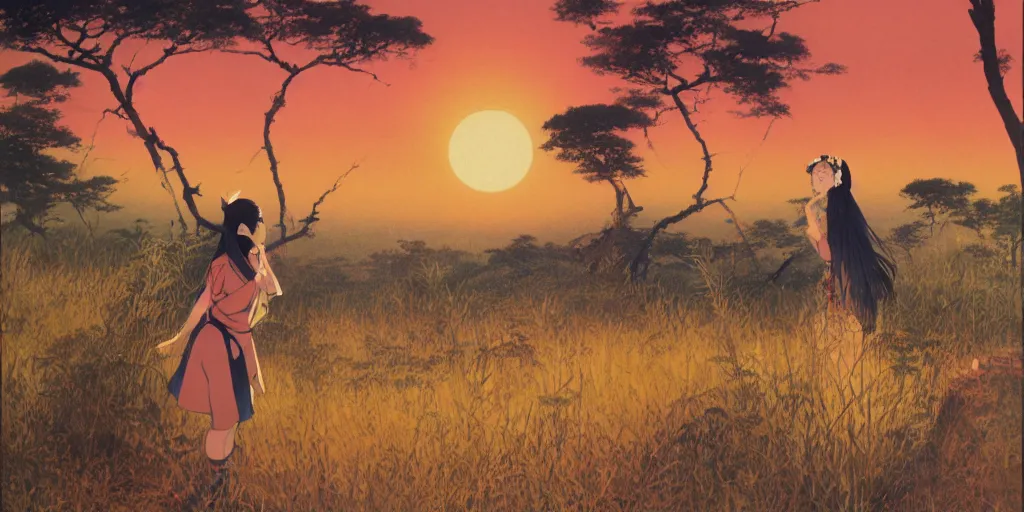 Image similar to painting of an anime girl in the savannah at golden hour by kitano tsunetomi, 1 9 3 9