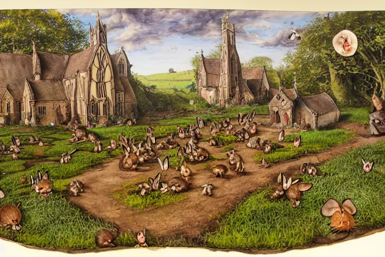 Image similar to an elaborate and dense painting of redwall abbey in mossflower wood with lots of mice and rabbits and otters walking around, detailed, made of alcohol ink on parchment and penned illustrations, by brian jacques and jean baptiste monge