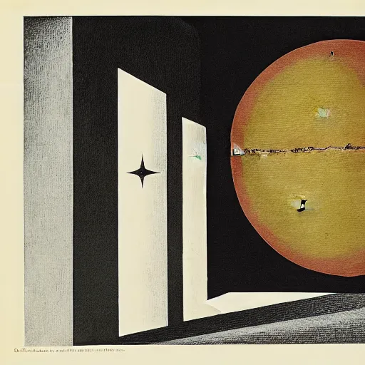 Image similar to a parade of disconnected images : obscure corners of nameless interiors, astronomical diagrams projecting the distances between celestial bodies, a painting by giorgio de chirico, a list of unpopular anagrams.