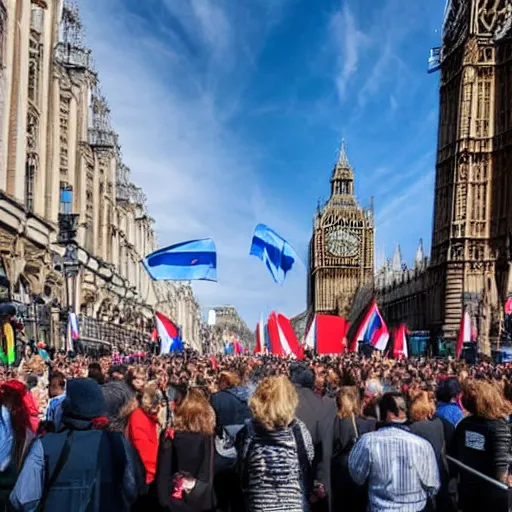 Image similar to a picture of westminster with a gigantic crowd of protestors on the street, the sky is blue and everyone is holding russian flags or posters with prince andrew's face wide shot hyperrealistic photography 7 0 mm