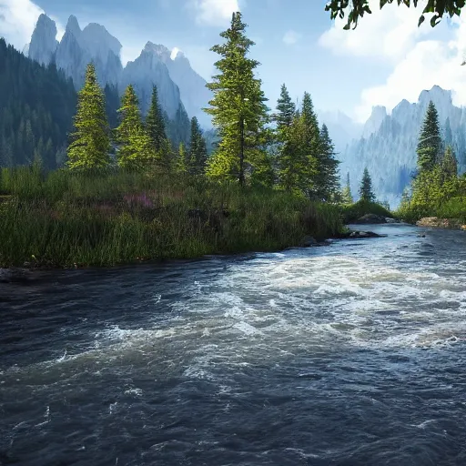 Prompt: nicest scenary on earth, filled with trees, rivers and mountains, unreal engine, photorealistic, ultra - detailed, 4 k high resolution, hdr shot