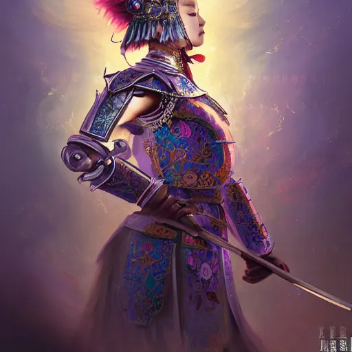 Image similar to beautiful and divine and holy and elite and colorlpunk three kingdom chinese female armor knight portrait like twice tzuyu+shinnyy eyes+front face with light flowing hair, ultradetail face, art and illustration by tian zi and craig mullins and WLOP and alphonse mucha, fantasy, intricate complexity, human structure, human anatomy, fantasy character concept, watermark, blurry, hyperrealism 8k