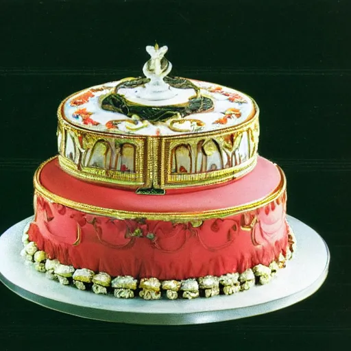 Image similar to photograph of a fancy baroque cake from 1970's cookbook in color