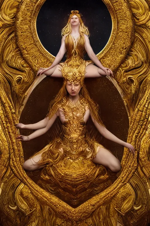 Prompt: Hyper realistic portrait of a goddess floating in the middle of ancient sky, gold fluid simulation, Cinematic lighting, ultra super good realistic photography by Emil Melmoth, symmetry, insanely detailed, trending on artstation, 8k