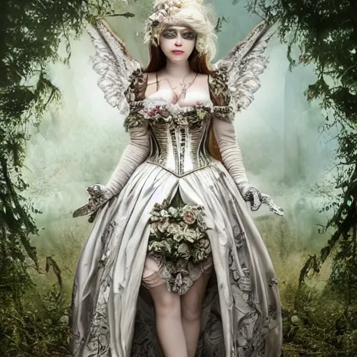 Image similar to A masterpiece ultrarealistic ultradetailed portrait of a Incredibly beautiful angel armored princess knight IN INCREDIBLE ceramic GAS MASK WITH FLOWERS and swarovski crystals. baroque renaissance. in the forest. White amazing corset. medium shot, intricate, elegant, highly detailed. trending on artstation, digital art, by Stanley Artgerm Lau, WLOP, Rossdraws, James Jean, Andrei Riabovitchev, Marc Simonetti, Yoshitaka Amano. background by James Jean and Gustav Klimt, light by Julie Bell, 4k, porcelain skin. BY ZDIZISLAW BEKSINSKI Cinematic concept art