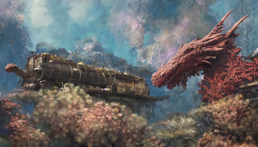 Image similar to craig mullins and ghibli digital illustration of a dragons entwine train, ocean depths, corals and schools of fish unreal engine, hyper realism, realistic shading, cinematic composition, realistic render, octane render, detailed textures, photorealistic, wide shot