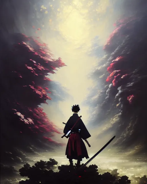 Image similar to baroque oil painting of key visual samurai war, storm, brutalist fantasy, fake detail, trending pixiv fanbox, acrylic palette knife, style of makoto shinkai takashi takeuchi yoshiyuki sadamoto greg rutkowski chiho aoshima, artstation