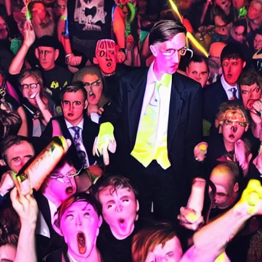 Prompt: jacob rees - mogg at a rave surrounded by dayglo ravers, dramatic angle