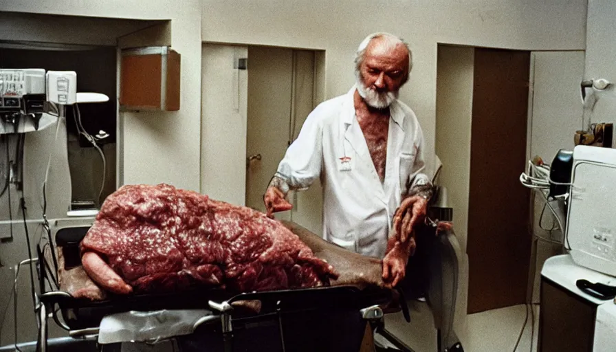 Image similar to 7 0 s movie still of a old man with a meat chest in the hospital, cinestill 8 0 0 t 3 5 mm eastmancolor, heavy grain, high quality, high detail