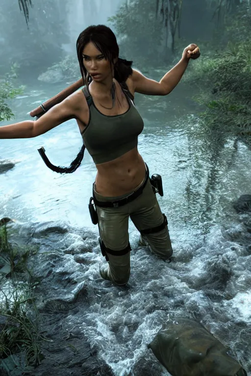 Image similar to film scene of lara croft, drenched body, wet dripping hair, emerging from the water, unreal engine