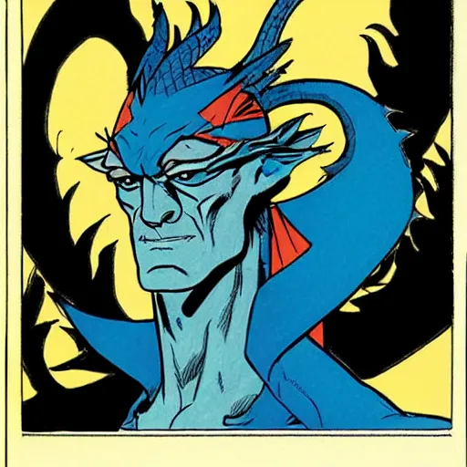 Image similar to head and shoulders portrait of a medieval d & d fantasy anthropomorphic blue dragon - headed sorcerer, comic book cover art by phil noto and frank miller