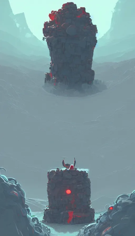 Image similar to rock monster, true evil, dormant in chains, calling a traveler nearby, sharp focus, james gilleard, cinematic, game art, extremely detailed digital painting