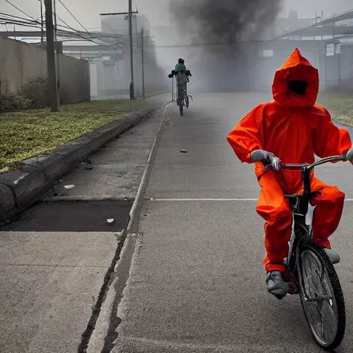 Image similar to a photo of a boy wearing a hazmat suit, riding a bike, side-view, smoke in the background, filthy streets, broken cars. Vines growing. Jpeg artifacts. Full-color photo. 4K UHD. Color color color color color. Award-winning photo. Samyang/Rokinon Xeen 50mm T1.5