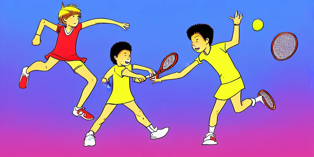 Prompt: comic digital art of kids playing tennis by marvel