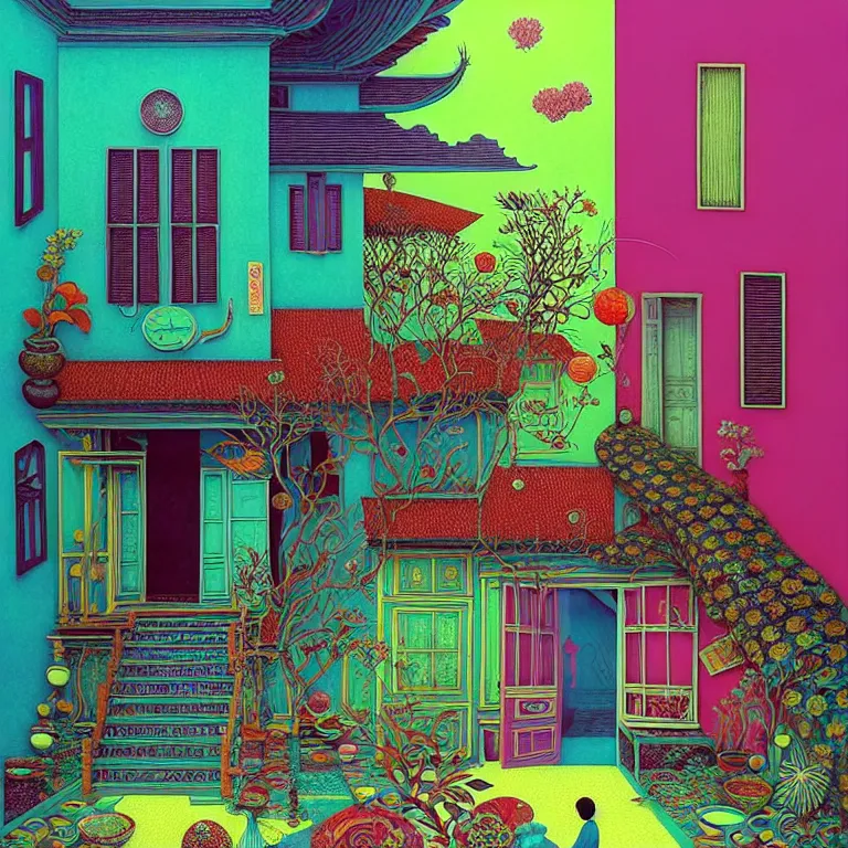 Image similar to surreal glimpse into other universe, peranakan house, summer morning, very coherent and colorful high contrast, art by!!!! gediminas pranckevicius!!!!, geof darrow, floralpunk screen printing woodblock, dark shadows, hard lighting, stipple brush technique,