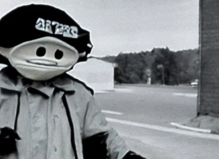 Prompt: film still of hamburgler in a 1 9 8 0 s horror movie