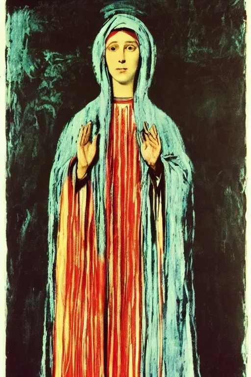 Image similar to virgin mary of lourdes painted by cy twombly and andy warhol