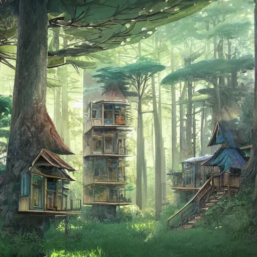 Prompt: concept art painting of treehouses made out of trees, trees with doors and windows in a deep forest, realistic, detailed, cel shaded, in the style of makoto shinkai and greg rutkowski and james gurney