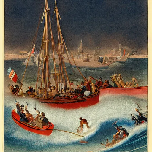 Prompt: the painting depicts a huge wave about to crash down on three small boats. the boats are filled with people, and they all look terrified. nuremberg chronicle by boris vallejo, by jean auguste dominique ingres brash, casual