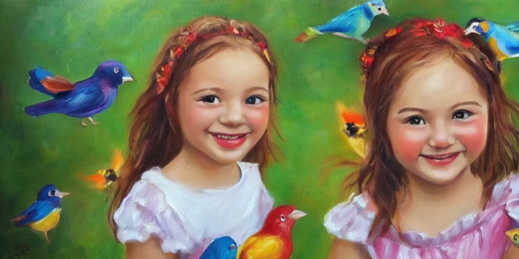 Prompt: beautiful oil painting of a cute little girl smiling, birds are flying around her head, storybook style