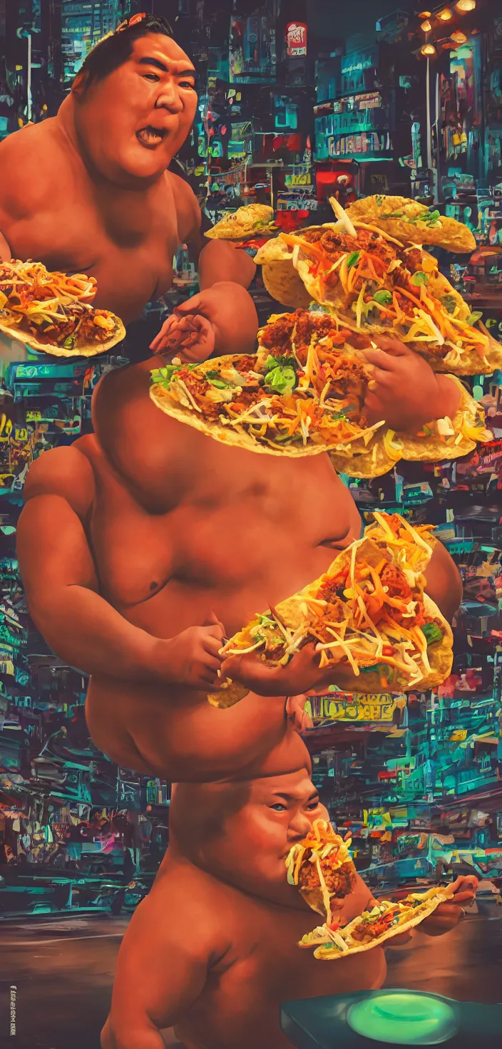 Image similar to sumo wrestler eating crispy tacos with hot sauce, photo realism, bokeh background, neon lights, city background, high definition, slr