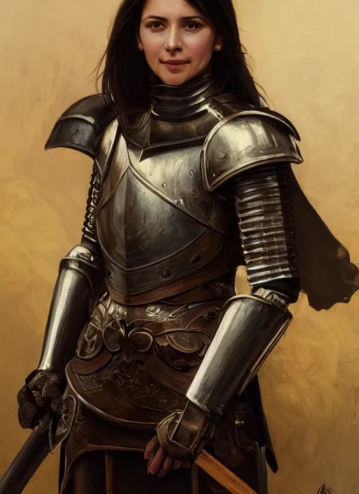 Image similar to medium-length portrait of a female knight with short dark hair and brown eyes, dark skin, happy expression, wears a combination of plate armor and boiled leather, medieval setting, highly detailed, digital painting, artstation, concept art, sharp focus, illustration, art by greg rutkowski and alphonse mucha